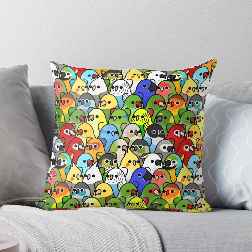 Colorful bird-patterned decorative pillow for a cozy and charming home