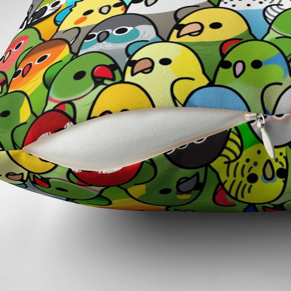 Colorful bird-patterned decorative pillow for a cozy and charming home