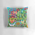 Colorful throw pillow with a vibrant design featuring birds, flowers, and a garden-inspired pattern.