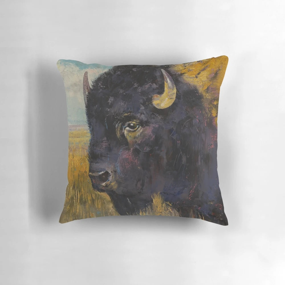 Vibrant impasto oil painting of a bison on a square pillow, showcasing earth tones and textured brushstrokes.