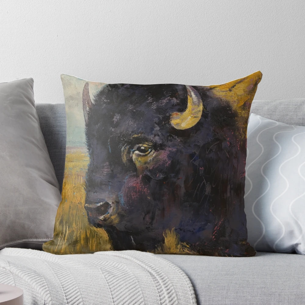 Vibrant impasto oil painting of a bison on a square pillow, showcasing earth tones and textured brushstrokes.