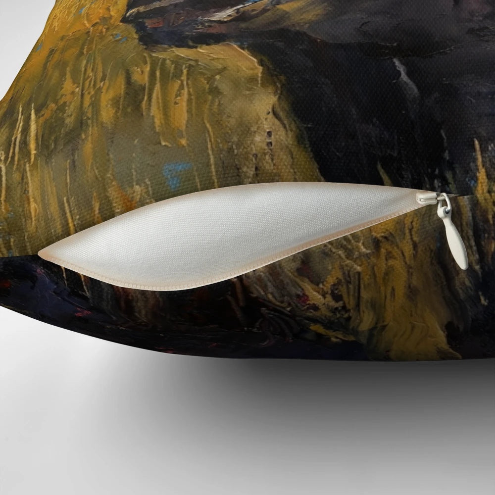 Vibrant impasto oil painting of a bison on a square pillow, showcasing earth tones and textured brushstrokes.