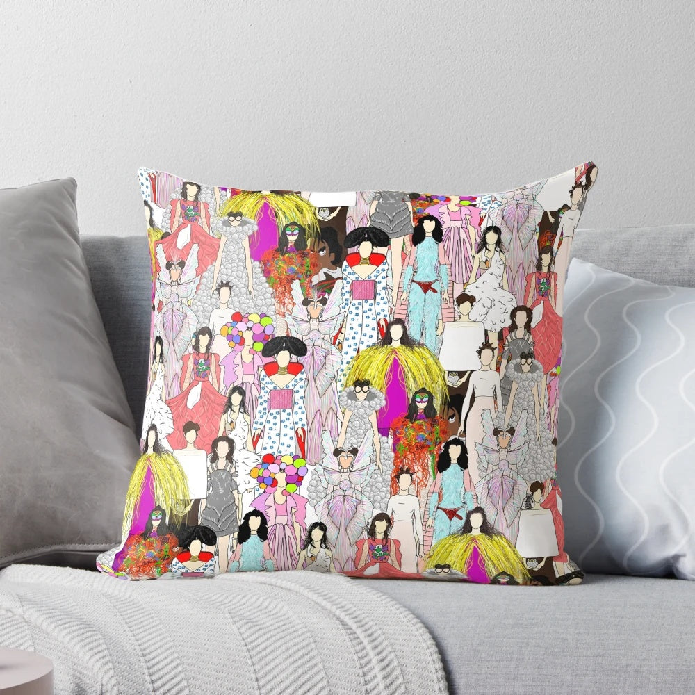 Colorful pop art-style pillow featuring Bjork, the iconic Icelandic singer