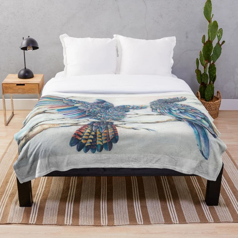Soft and cozy plush blanket featuring a pair of black cockatoos perched on a branch with a rainbow gradient background