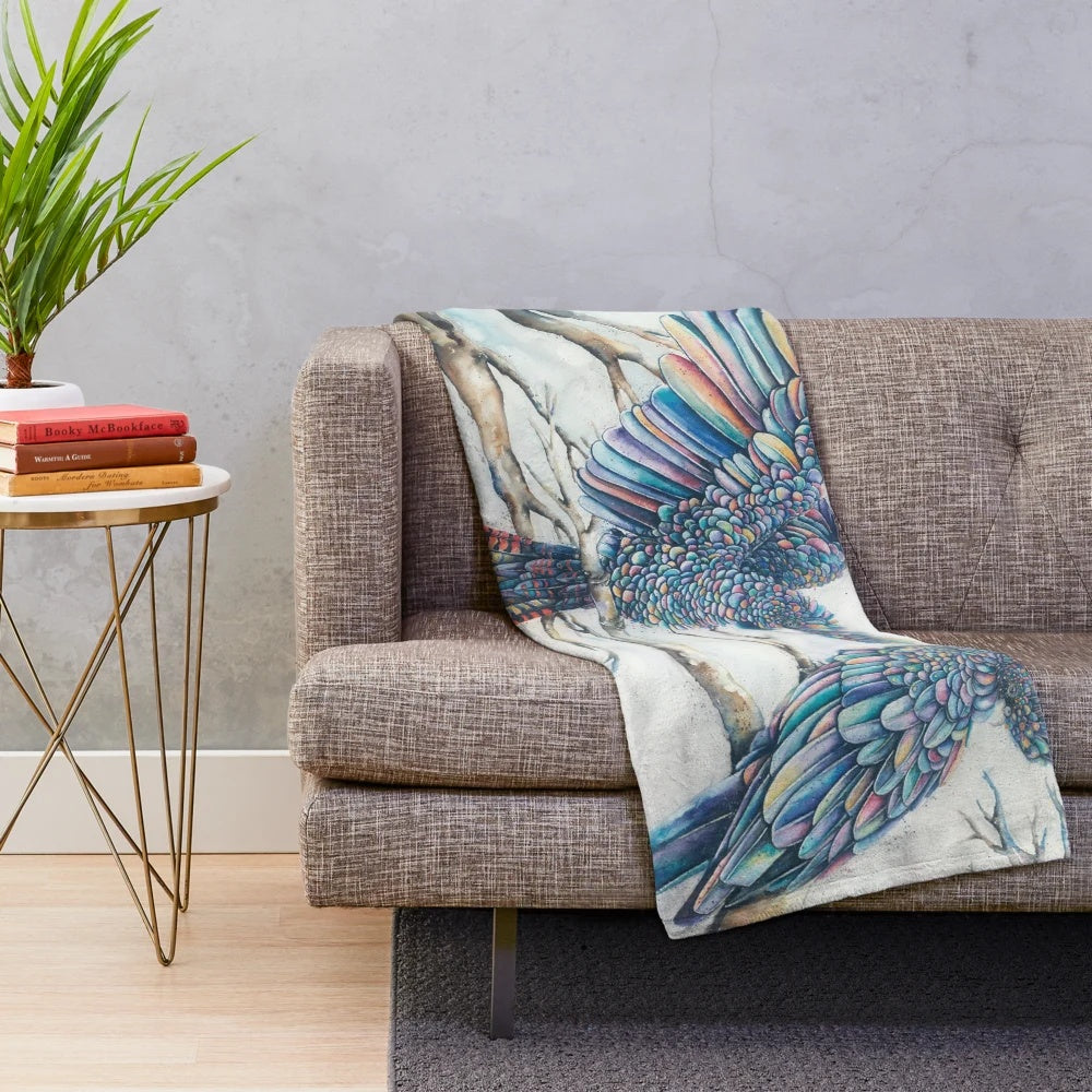Soft and cozy plush blanket featuring a pair of black cockatoos perched on a branch with a rainbow gradient background