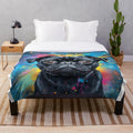 Colorful abstract art portrait of a black pug dog on a plush blanket