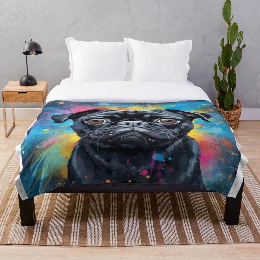 Colorful abstract art portrait of a black pug dog on a plush blanket