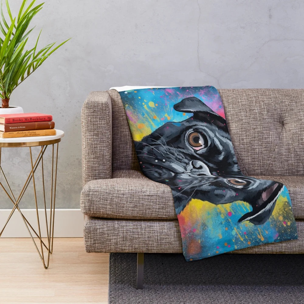 Colorful abstract art portrait of a black pug dog on a plush blanket