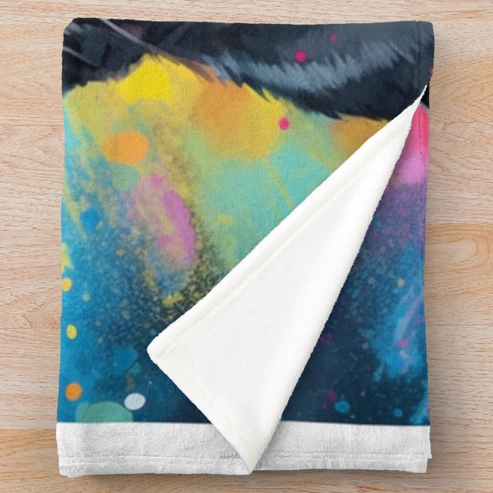Colorful abstract art portrait of a black pug dog on a plush blanket