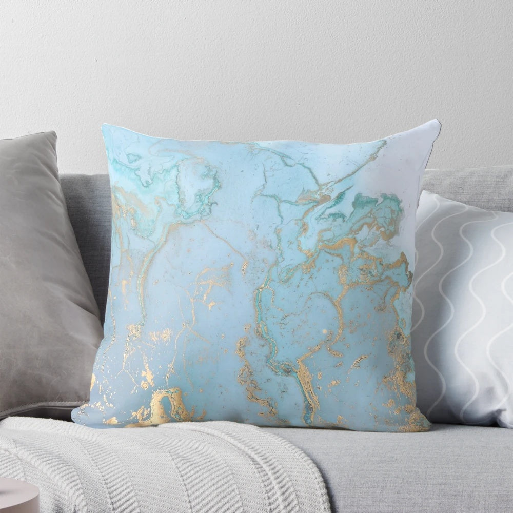 Decorative blue and gold ink swirl pattern throw pillow