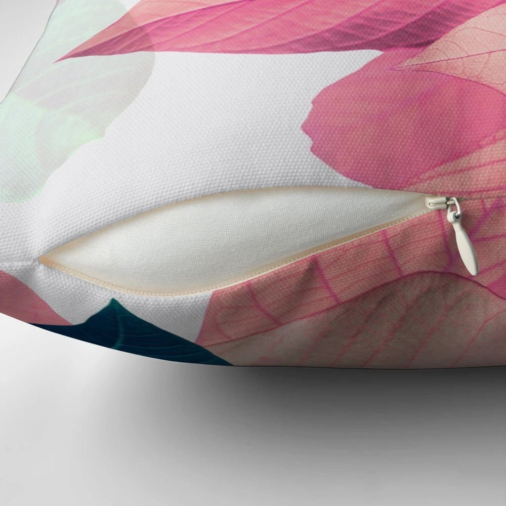 Colorful blue and pink printed leaf design throw pillow