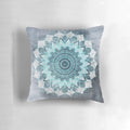 Bohemian-style mandala pattern printed on a blue and white pillow for home decor.
