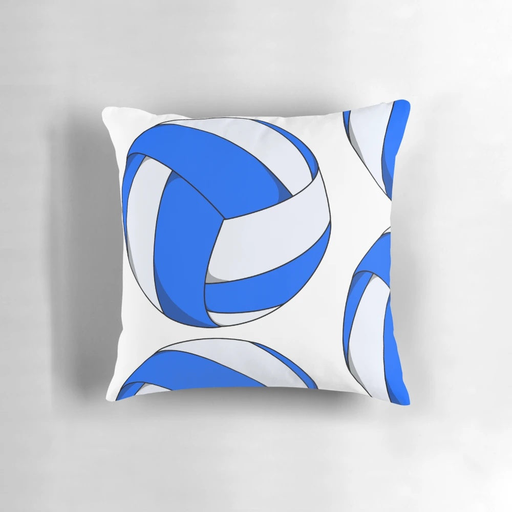 Blue and white volleyball-themed pillow with a simple, colorful design