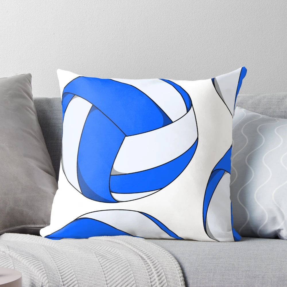 Blue and white volleyball-themed pillow with a simple, colorful design