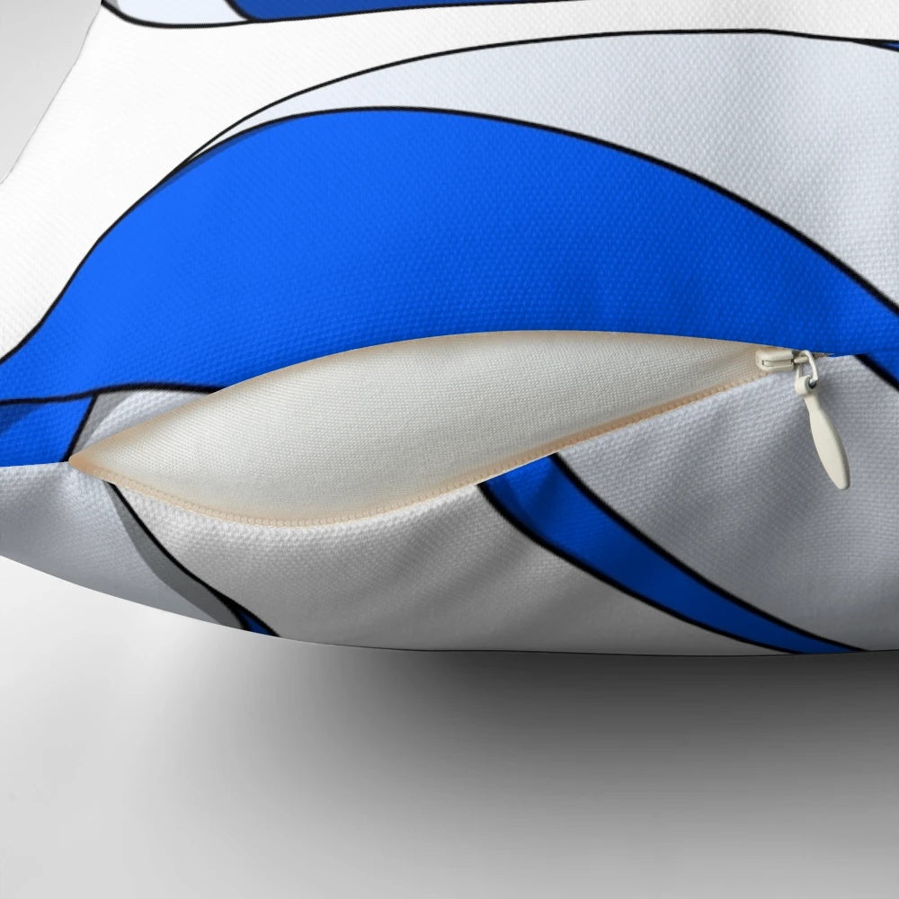 Blue and white volleyball-themed pillow with a simple, colorful design