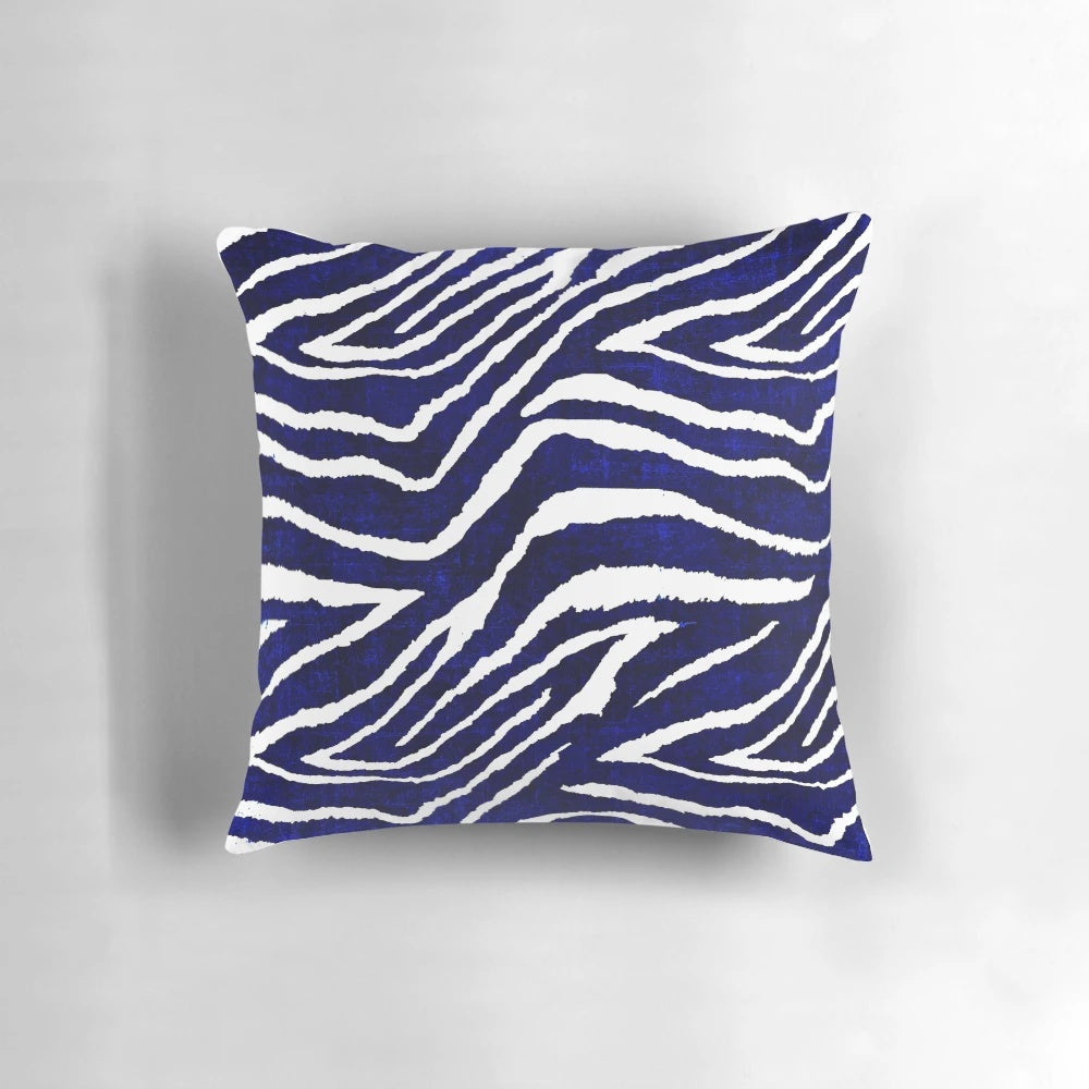 Colorful blue and white zebra print decorative throw pillow by Saundra Myles Art