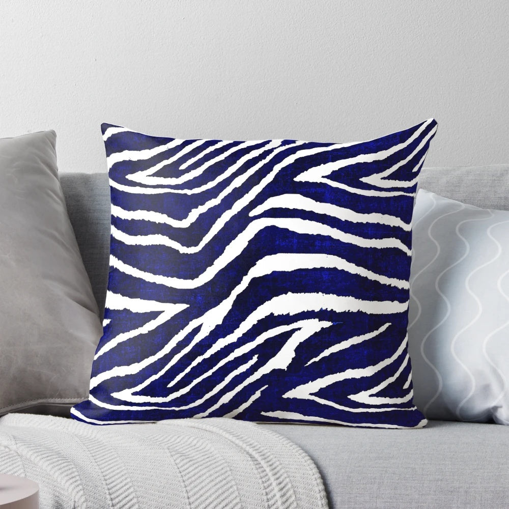 Colorful blue and white zebra print decorative throw pillow by Saundra Myles Art