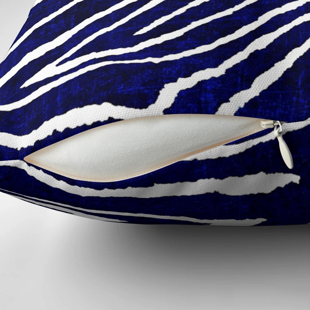 Colorful blue and white zebra print decorative throw pillow by Saundra Myles Art