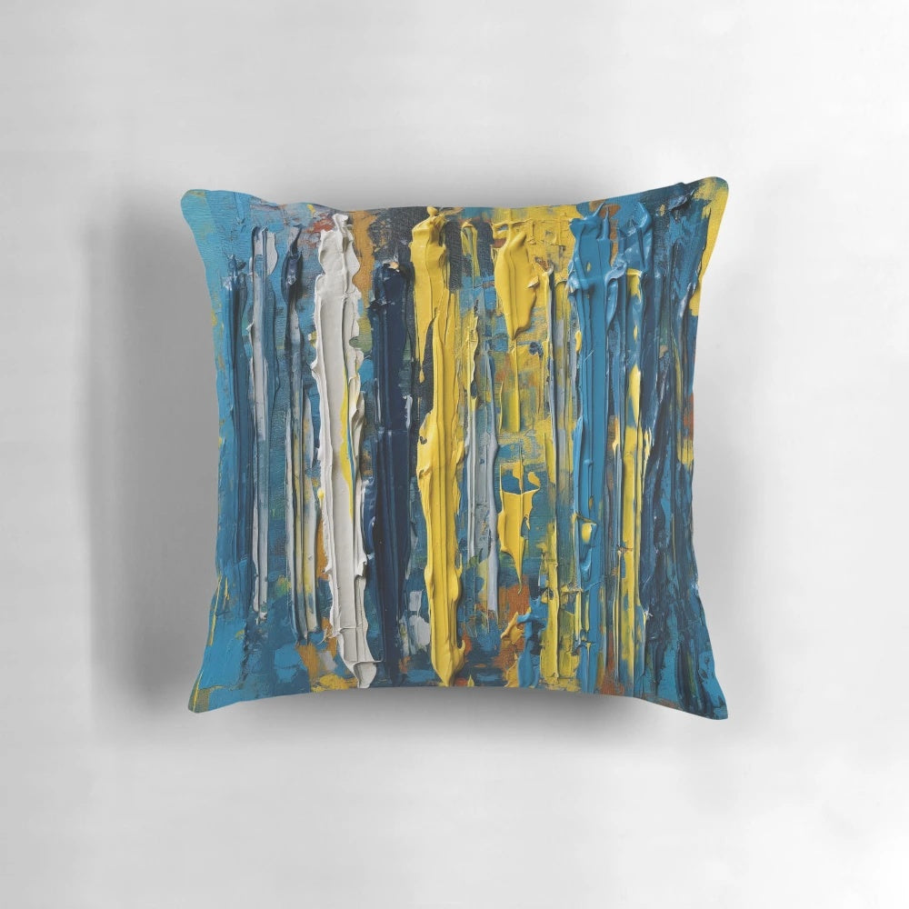 Vertical abstract striped pillow in blue and yellow, resembling an oil painting