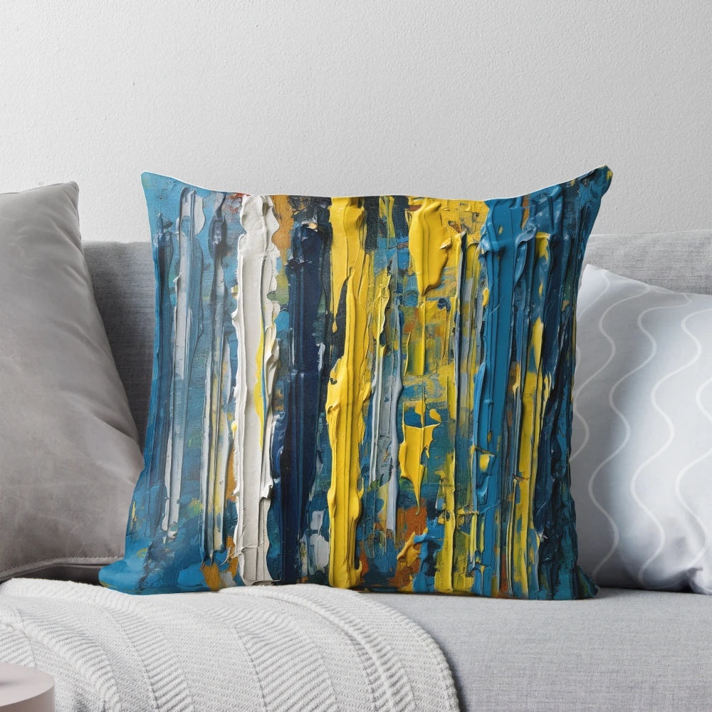 Vertical abstract striped pillow in blue and yellow, resembling an oil painting