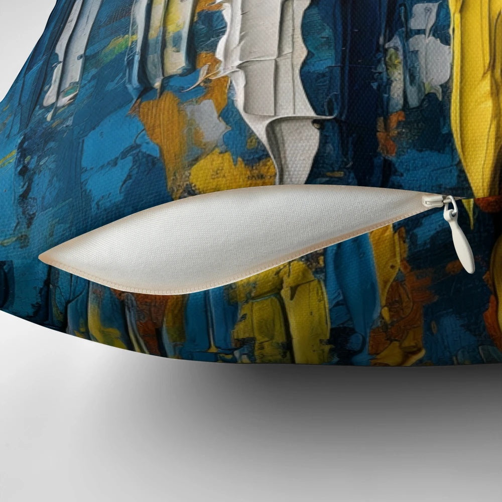Vertical abstract striped pillow in blue and yellow, resembling an oil painting