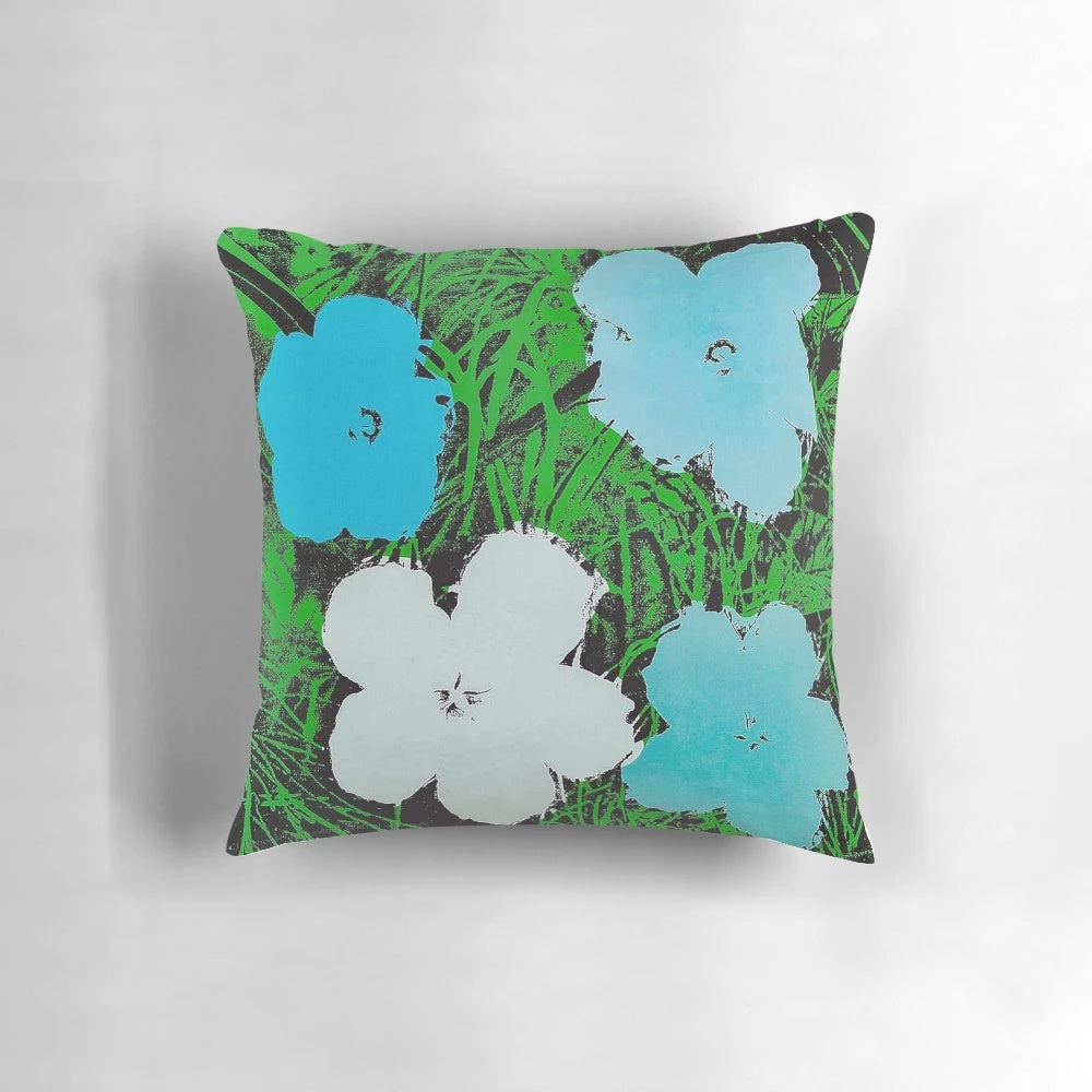 Blue and white Andy Warhol-inspired pillow featuring the iconic banana motif