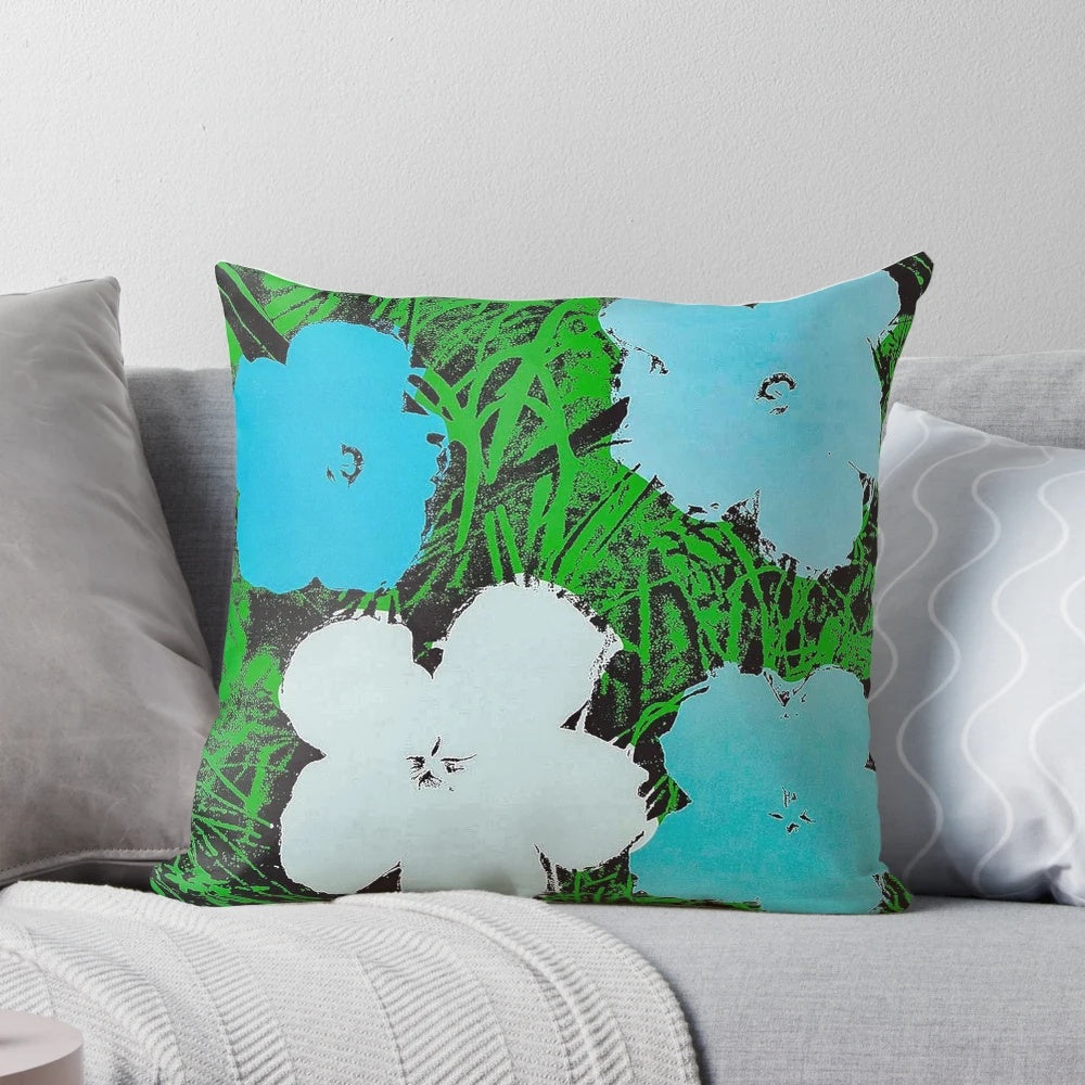 Blue and white Andy Warhol-inspired pillow featuring the iconic banana motif