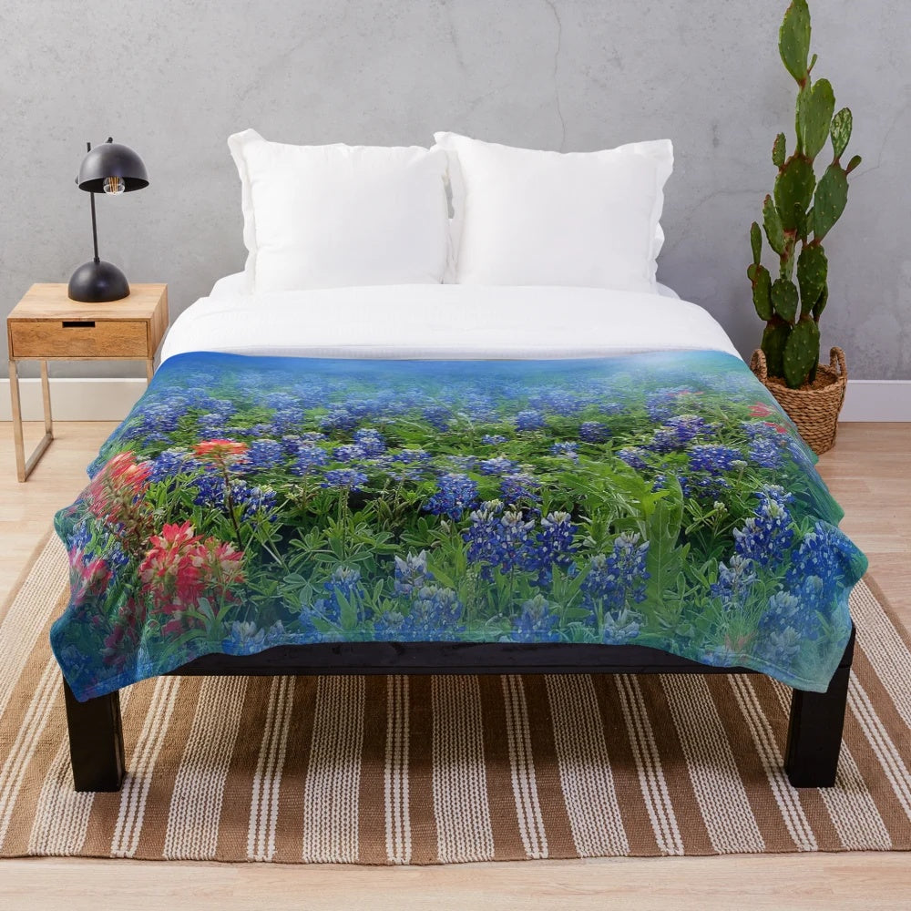 Plush blanket featuring beautiful blue and red bluebonnets, the state flower of Texas