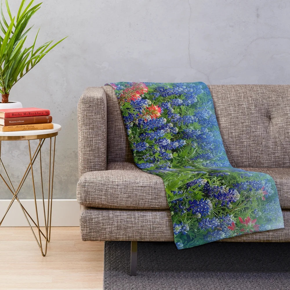 Plush blanket featuring beautiful blue and red bluebonnets, the state flower of Texas