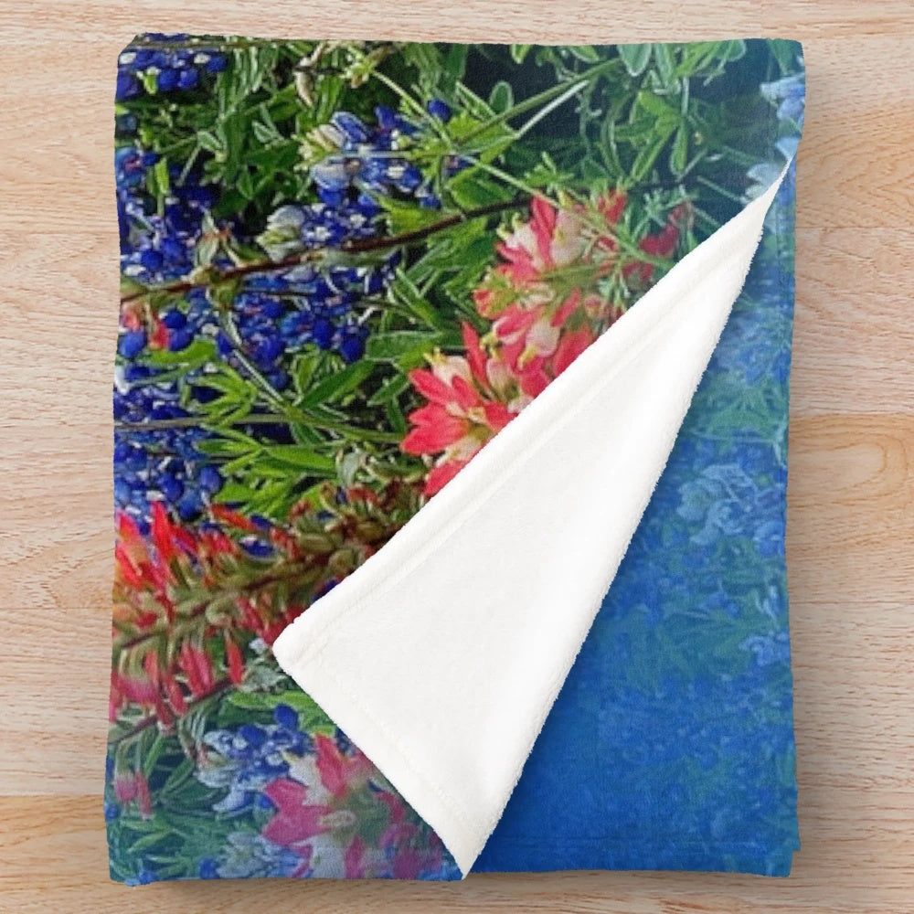 Plush blanket featuring beautiful blue and red bluebonnets, the state flower of Texas