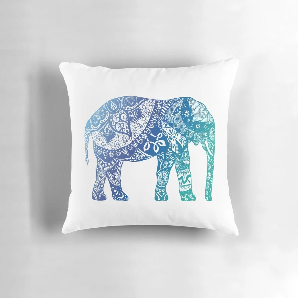 Blue elephant mandala design throw pillow with sun, moon, and earth imagery