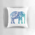 Blue elephant mandala design throw pillow with sun, moon, and earth imagery
