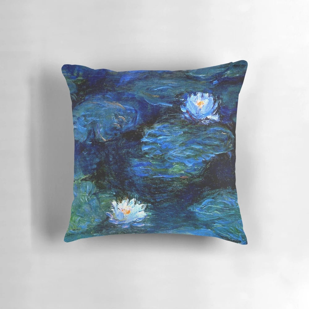 Decorative throw pillow featuring a serene water lily pond painting in shades of blue, inspired by the iconic works of French Impressionist Claude Monet.