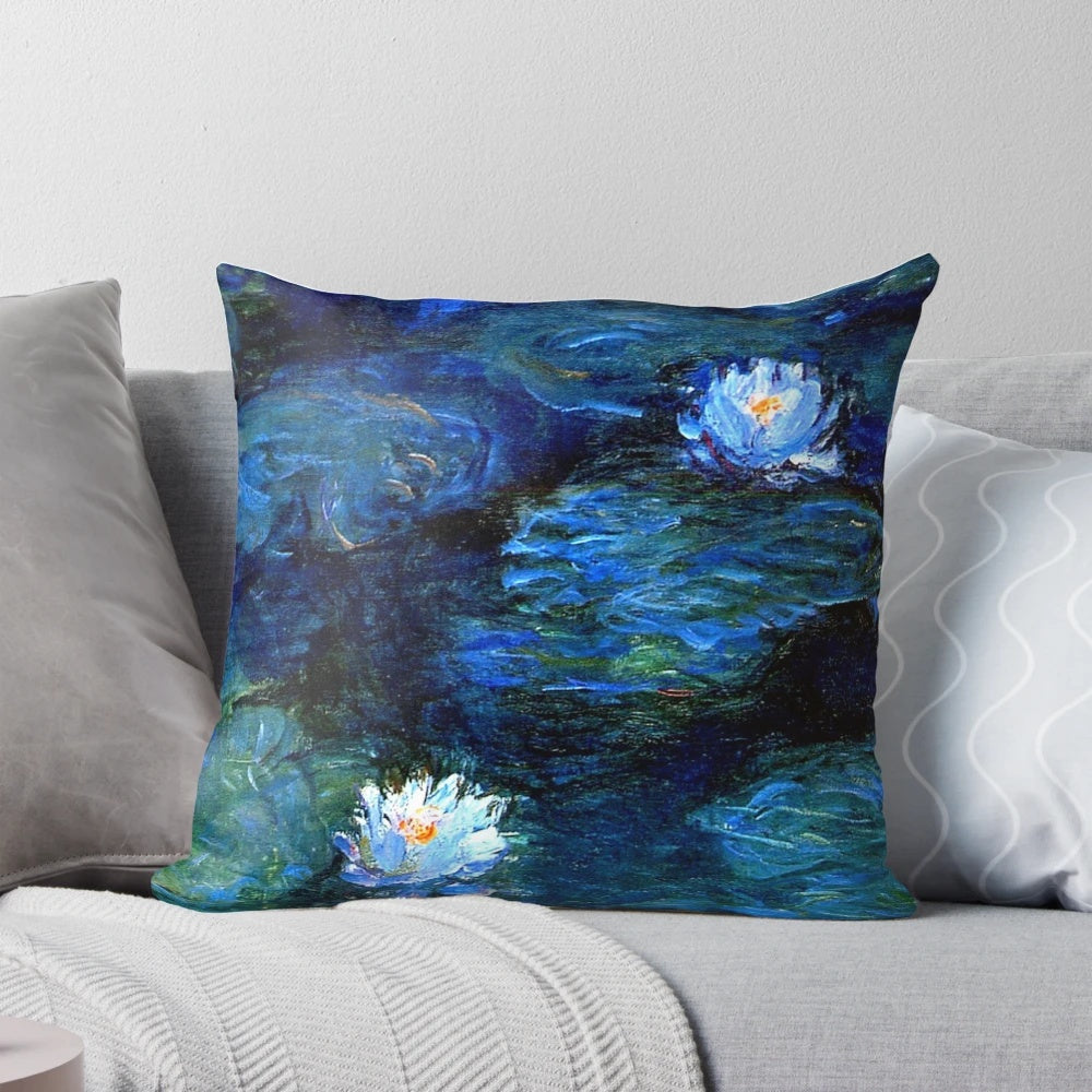 Decorative throw pillow featuring a serene water lily pond painting in shades of blue, inspired by the iconic works of French Impressionist Claude Monet.