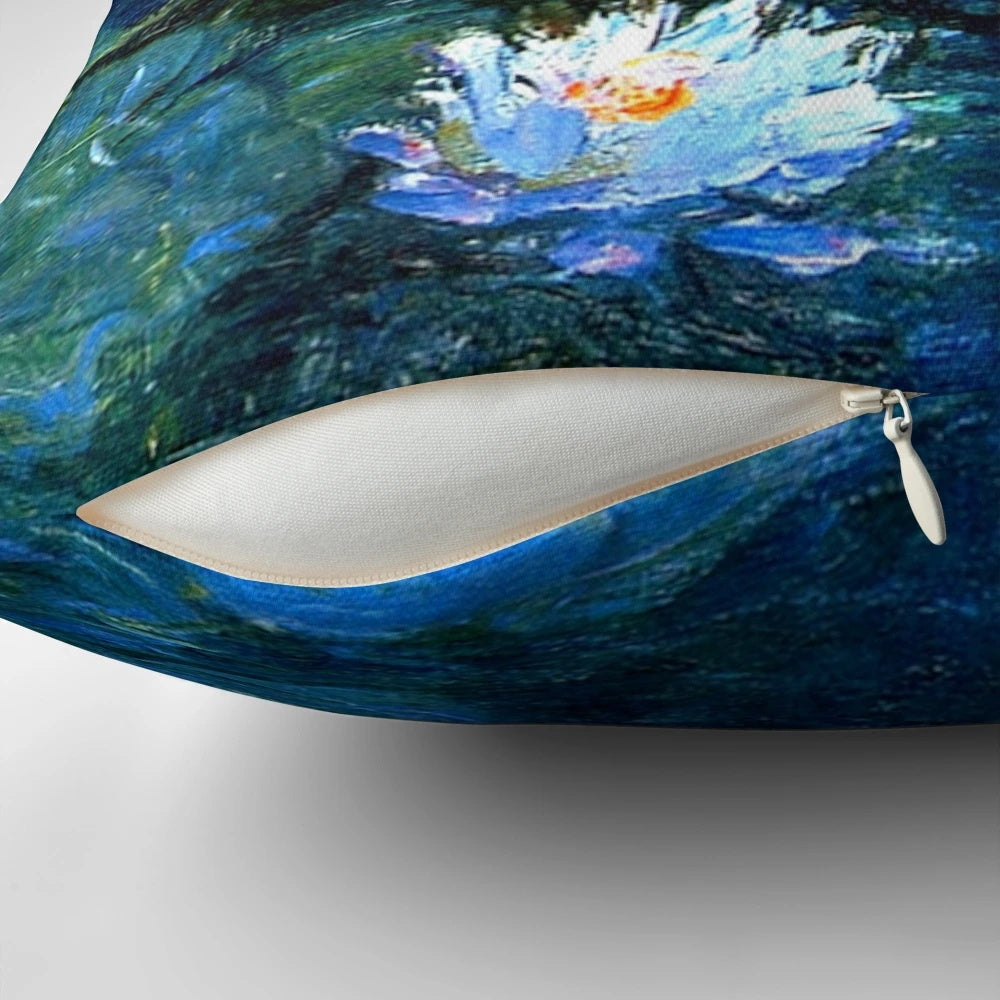Decorative throw pillow featuring a serene water lily pond painting in shades of blue, inspired by the iconic works of French Impressionist Claude Monet.