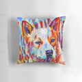 Colorful abstract art print of a blue heeler or Australian cattle dog on a throw pillow