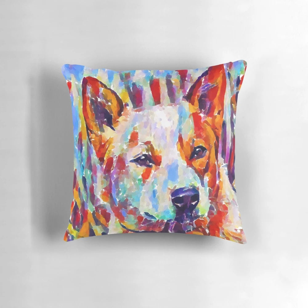 Colorful abstract art print of a blue heeler or Australian cattle dog on a throw pillow