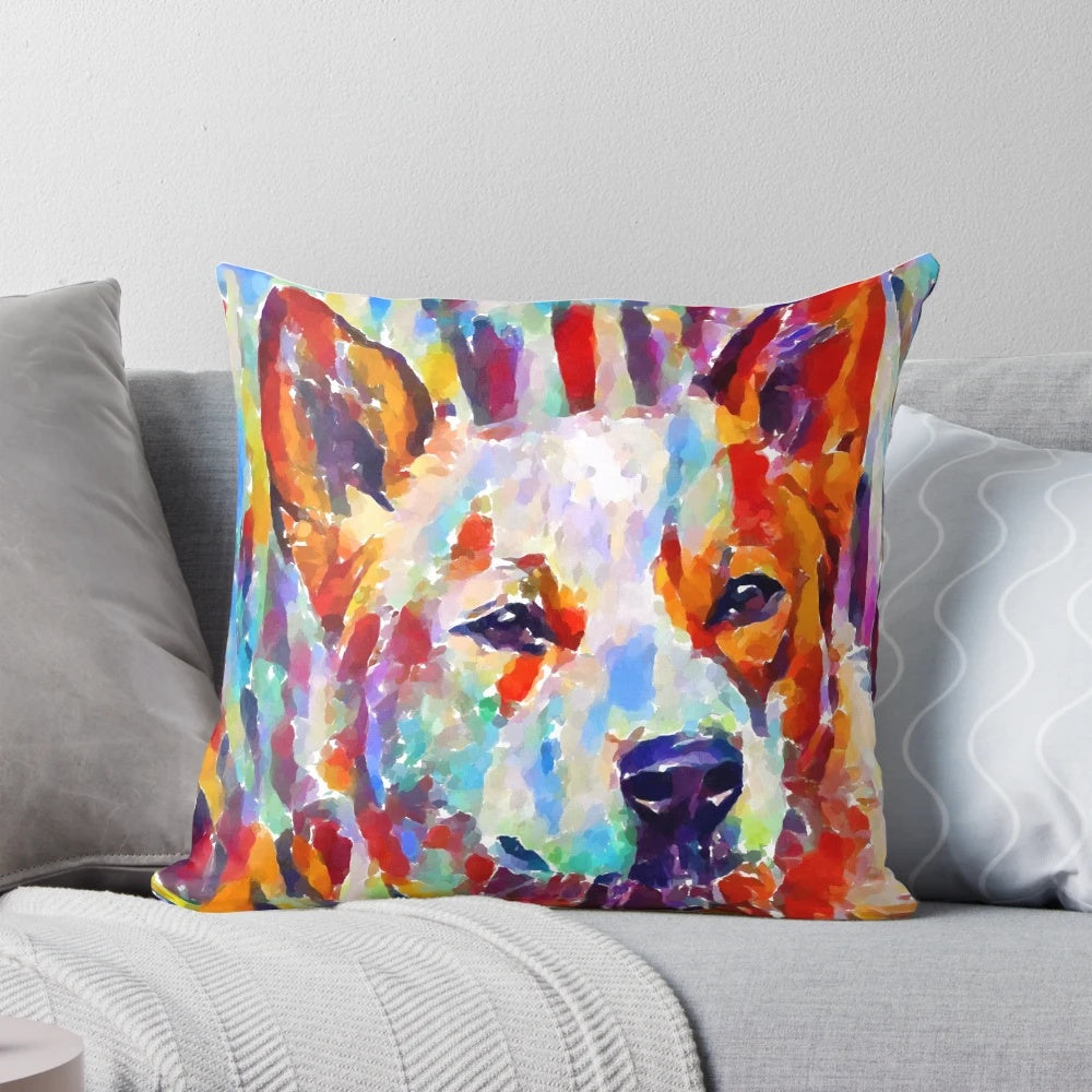 Colorful abstract art print of a blue heeler or Australian cattle dog on a throw pillow
