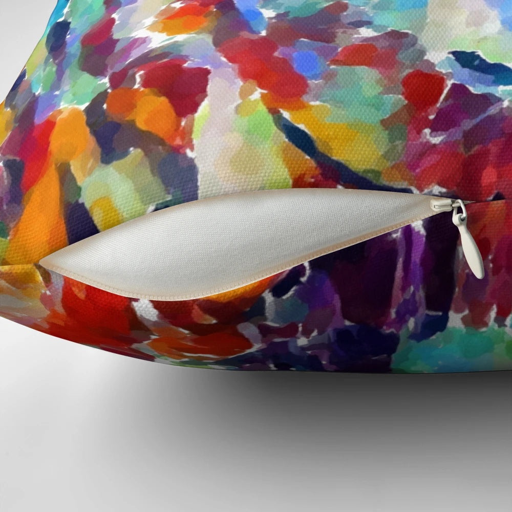Colorful abstract art print of a blue heeler or Australian cattle dog on a throw pillow