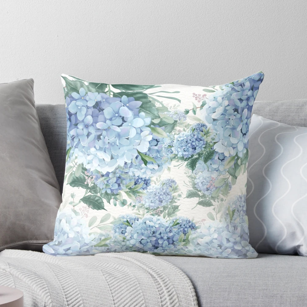 Closeup of vibrant blue hydrangea flowers on a throw pillow
