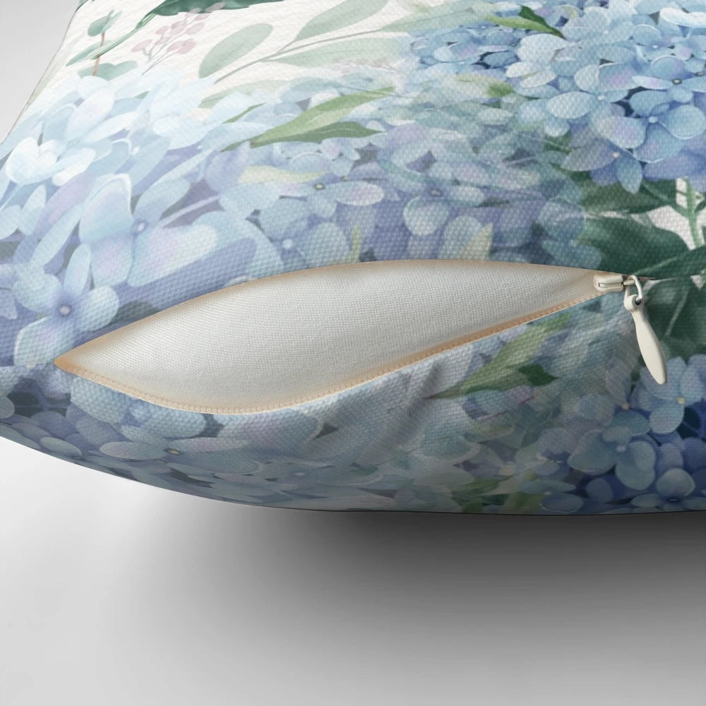 Closeup of vibrant blue hydrangea flowers on a throw pillow