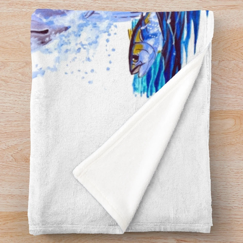 Plush blanket featuring a vibrant blue marlin and tuna design by marine artist Carey Chen