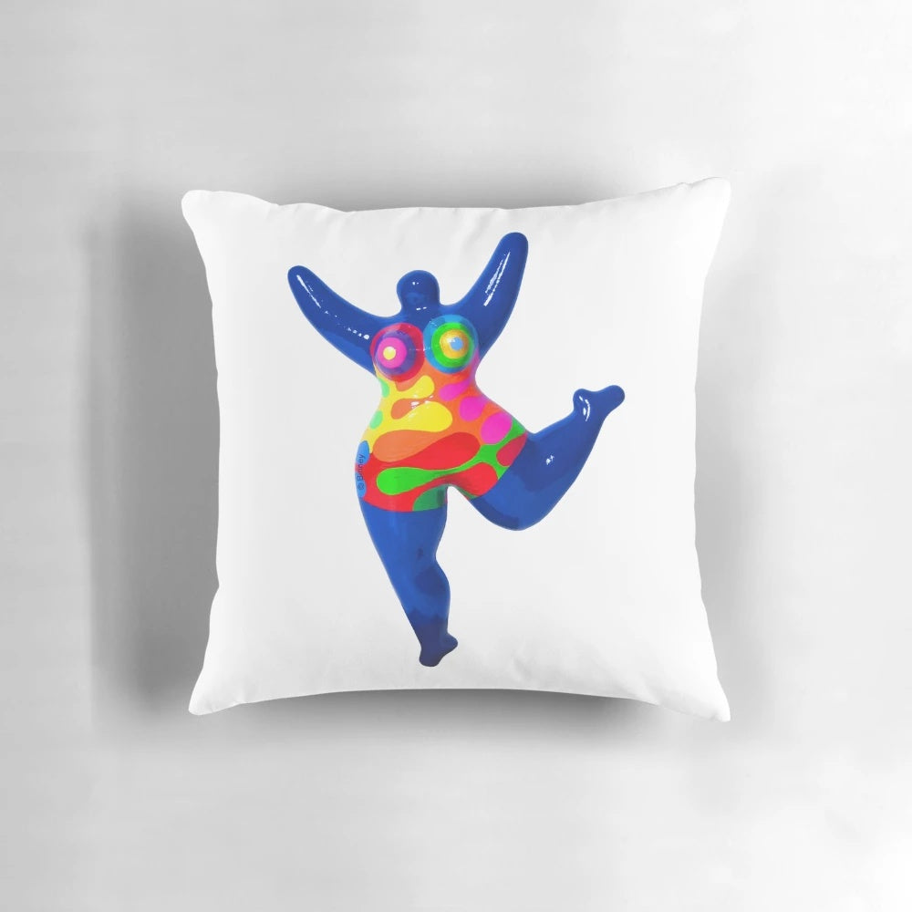 Vibrant blue Nana-style pillow inspired by the colorful sculptures of artist Niki de Saint Phalle