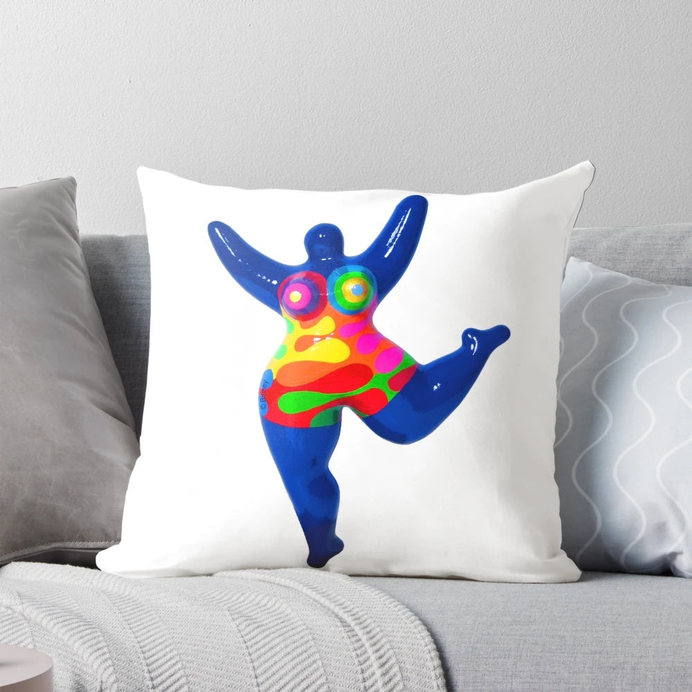 Vibrant blue Nana-style pillow inspired by the colorful sculptures of artist Niki de Saint Phalle