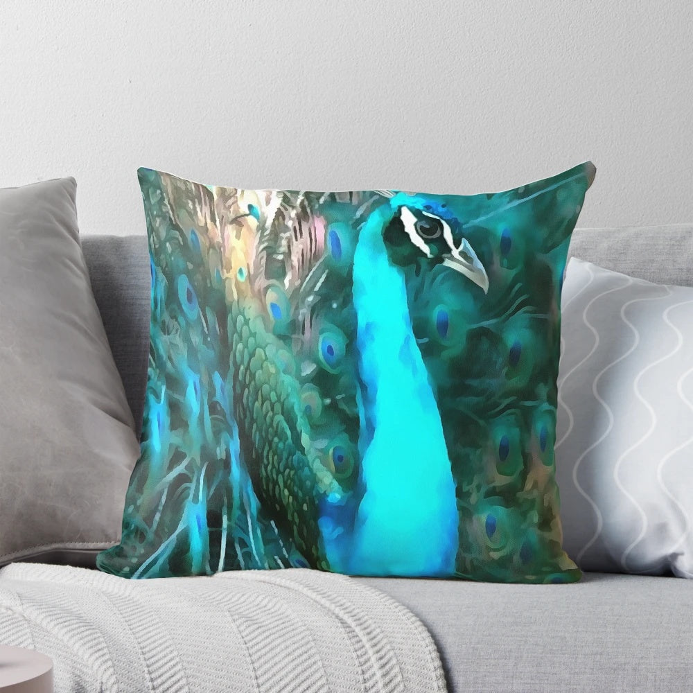 Vibrant blue peacock with fanned tail feathers printed on a soft, decorative throw pillow