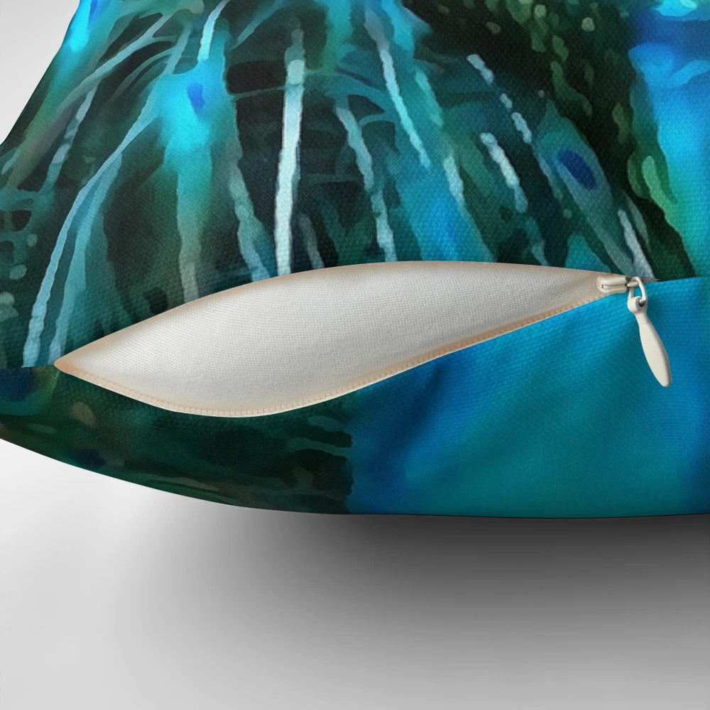 Vibrant blue peacock with fanned tail feathers printed on a soft, decorative throw pillow