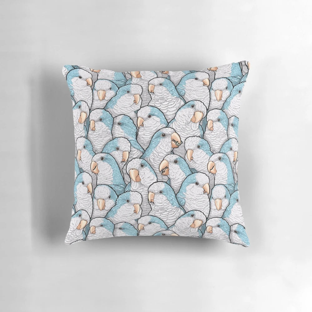 Blue Quaker Monk Parakeet decorative throw pillow featuring a vibrant avian design