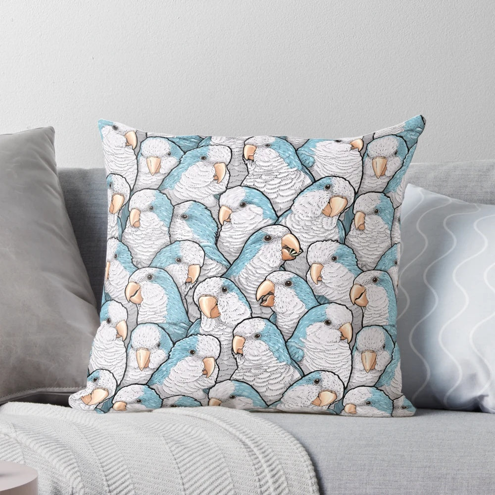 Blue Quaker Monk Parakeet decorative throw pillow featuring a vibrant avian design