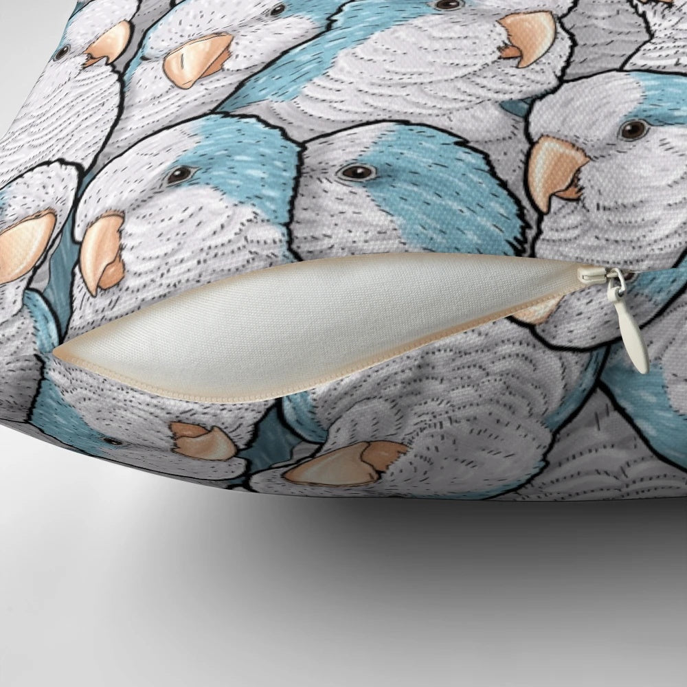 Blue Quaker Monk Parakeet decorative throw pillow featuring a vibrant avian design