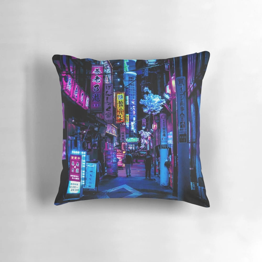 Colorful digital illustration of a futuristic alley in Tokyo, Japan with neon lights and a vibrant blue tones.